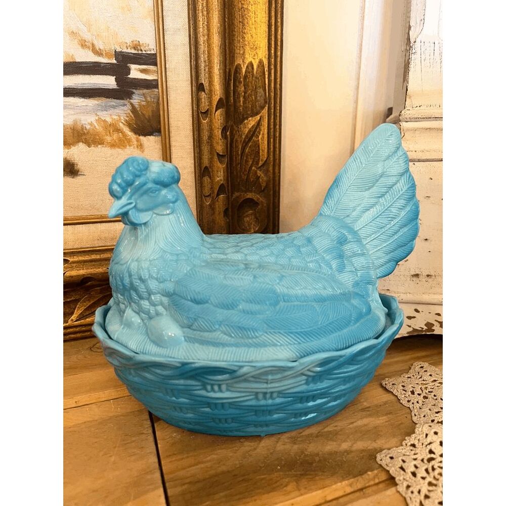 Vintage Heisey Blue Milk Glass Hen on Nest Covered Dish — Big Birtha Large Chick